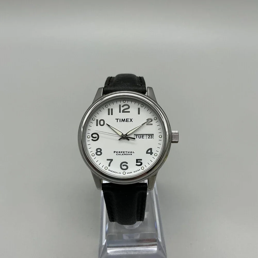 Timex Perpetual Calendar Mens Watch 37mm Silver Tone Leather Indiglo New Batt
